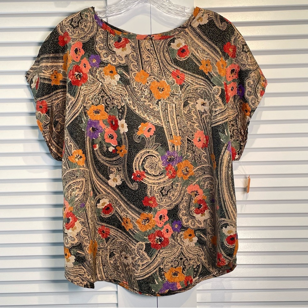 Vintage 90s/ Y2K Hot Stuff Brand Blouse Paisley & Floral Short Sleeve Top USA